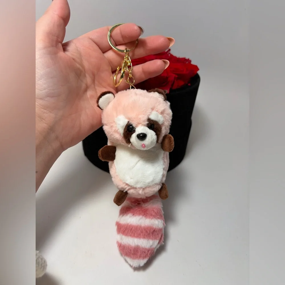 Plush Raccoon Bag Charm Keychain – Pink Faux Fur Tail Cute - Picture 1 of 6